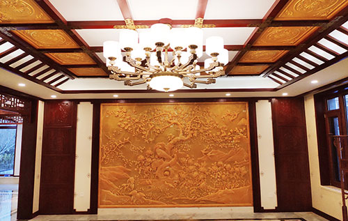 信阳中式别墅客厅中式木作横梁吊顶装饰展示